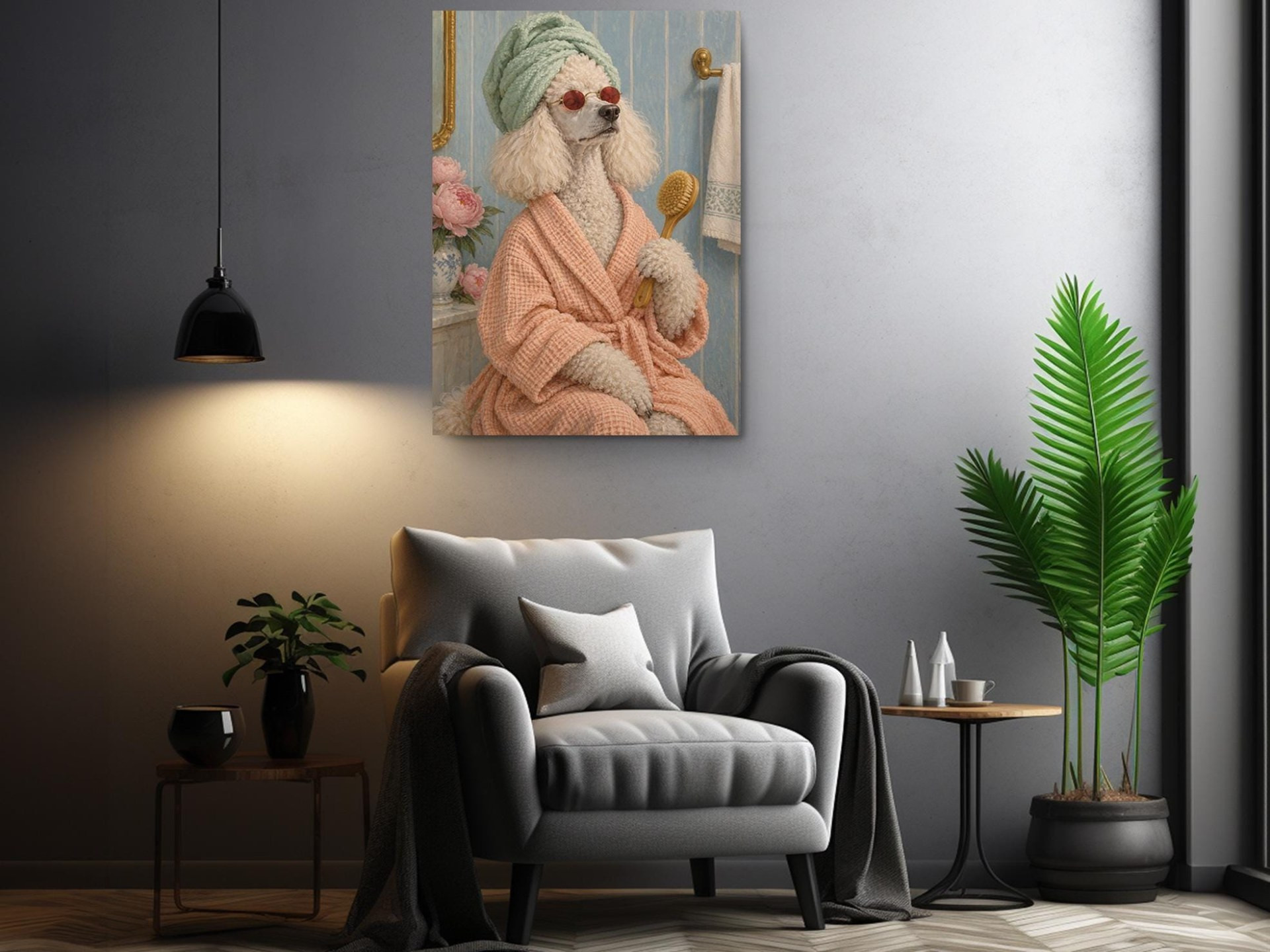 Poodle in Bathrobe Funny Canvas Wall Art
