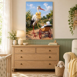 Stork with Baby Pram Nursery Canvas Wall Art