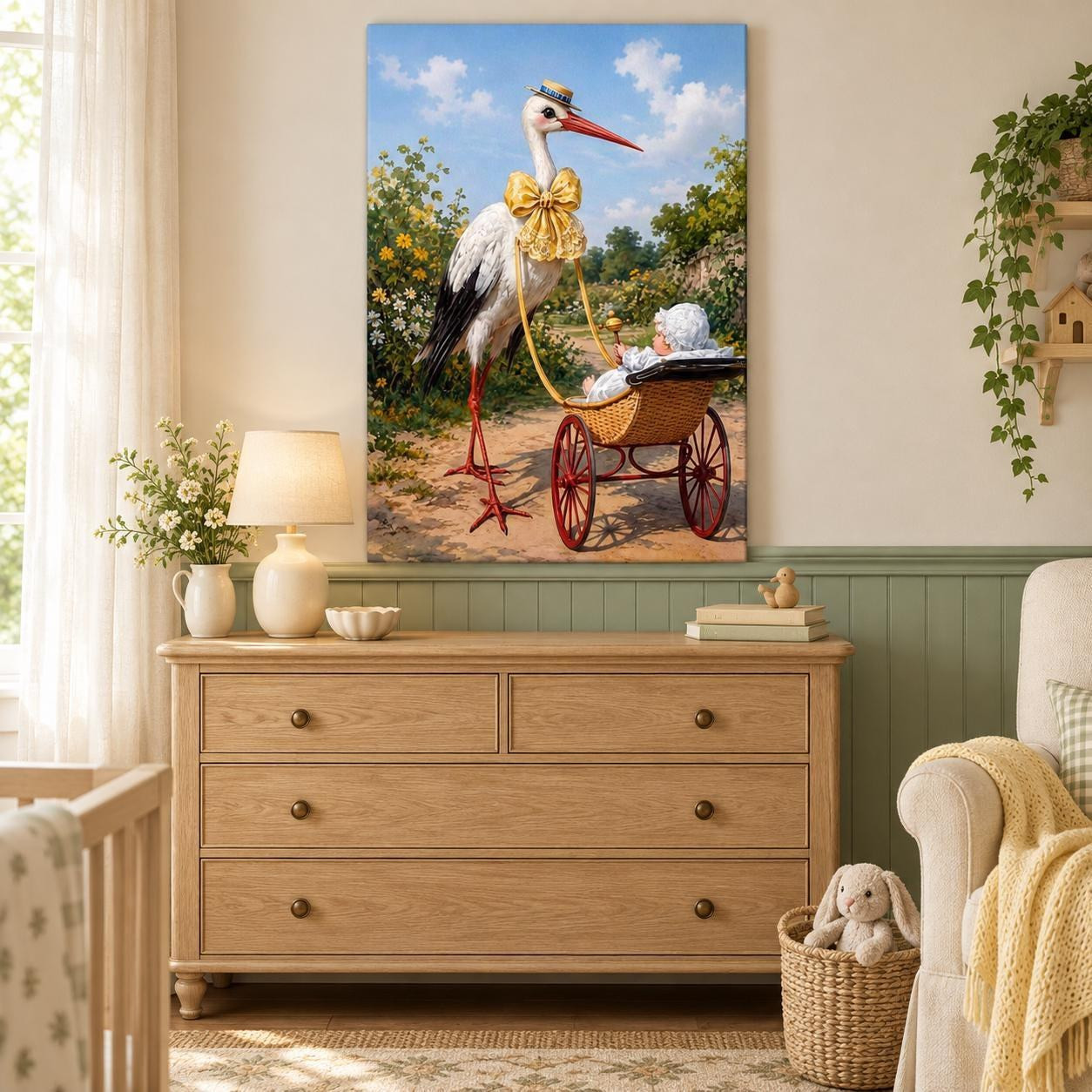 Stork with Baby Pram Nursery Canvas Wall Art