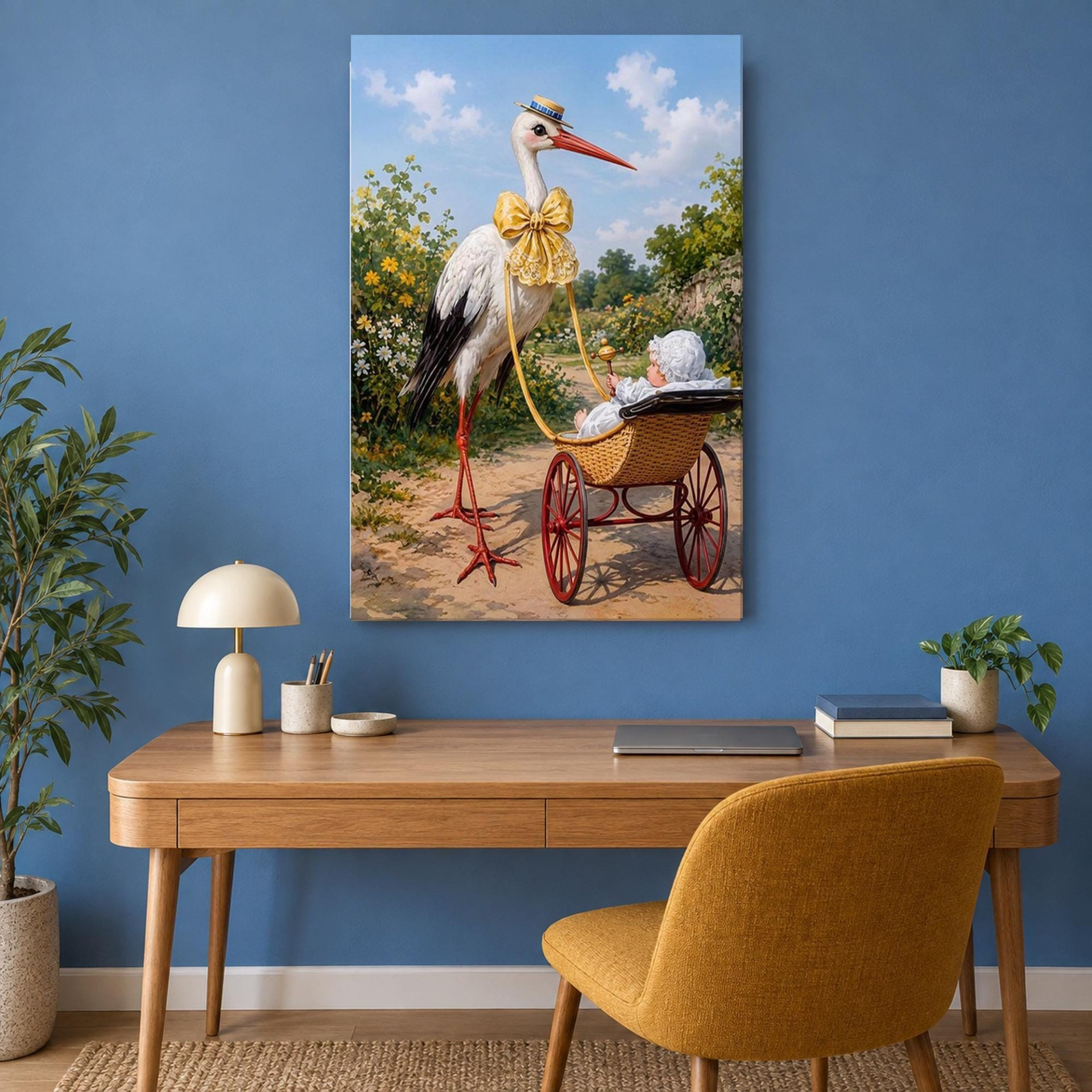 Stork with Baby Pram Nursery Canvas Wall Art
