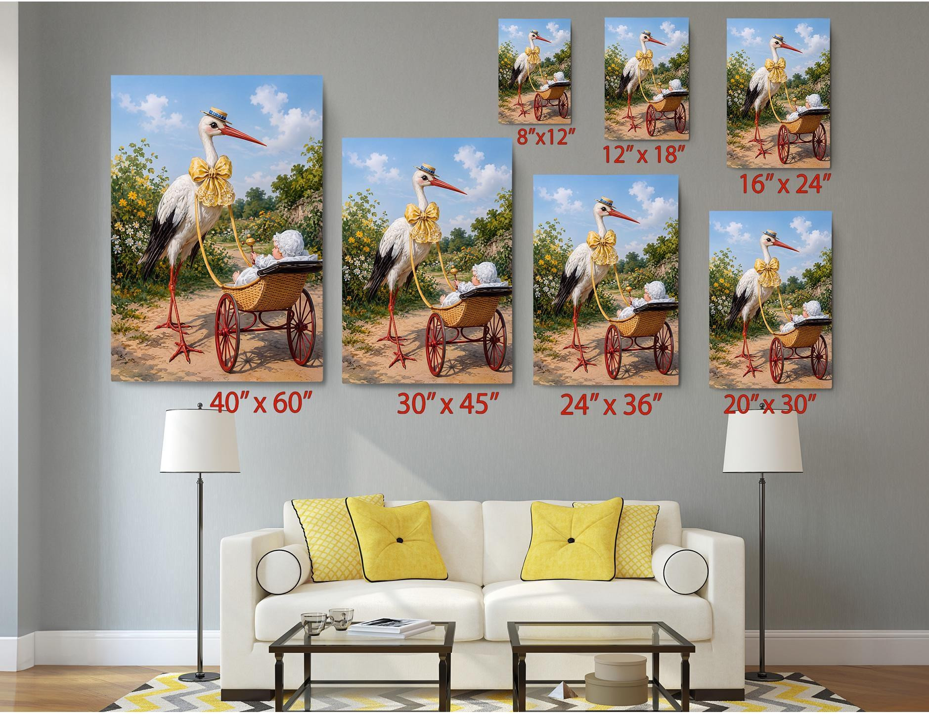 Stork with Baby Pram Nursery Canvas Wall Art