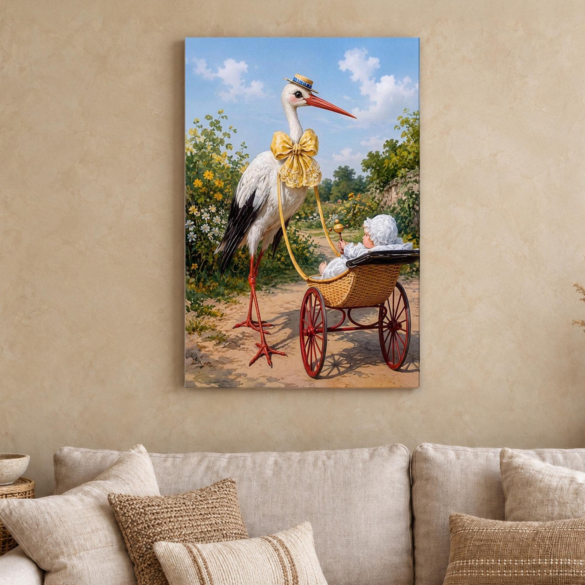 Stork with Baby Pram Nursery Canvas Wall Art