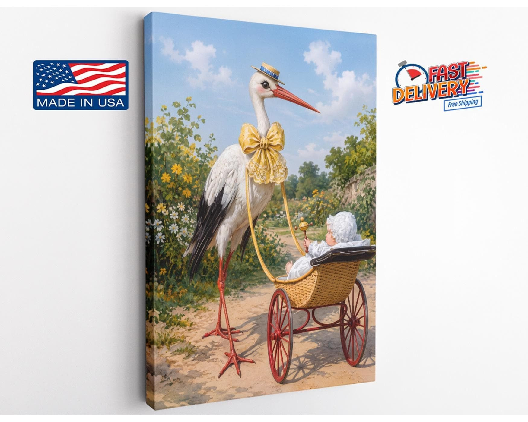 Stork with Baby Pram Nursery Canvas Wall Art