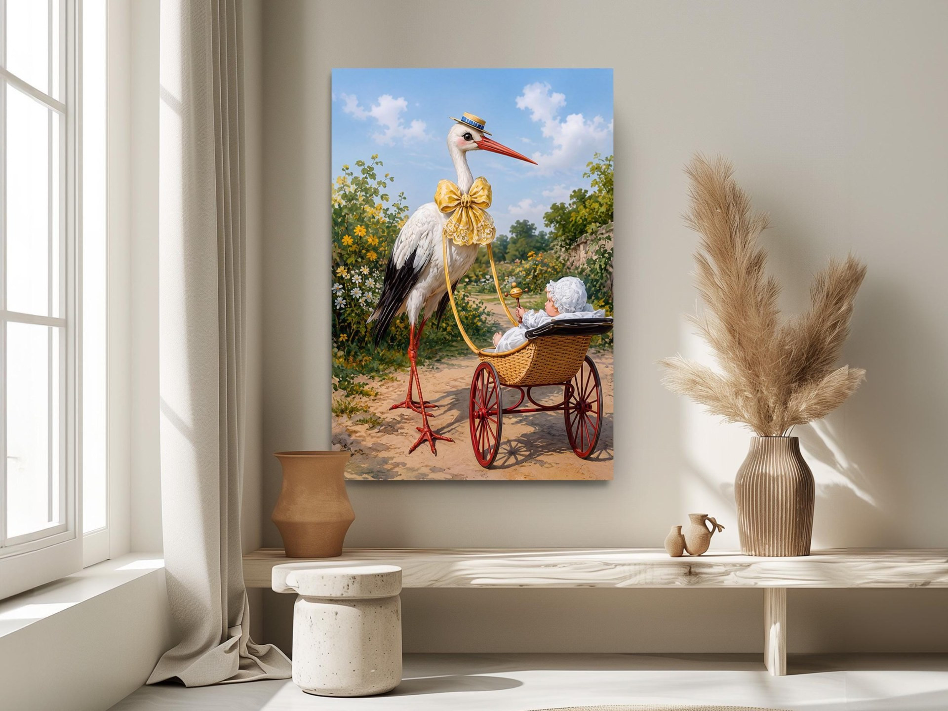 Stork with Baby Pram Nursery Canvas Wall Art