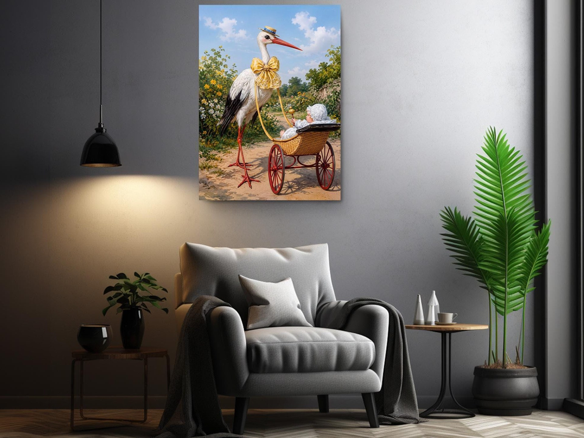 Stork with Baby Pram Nursery Canvas Wall Art
