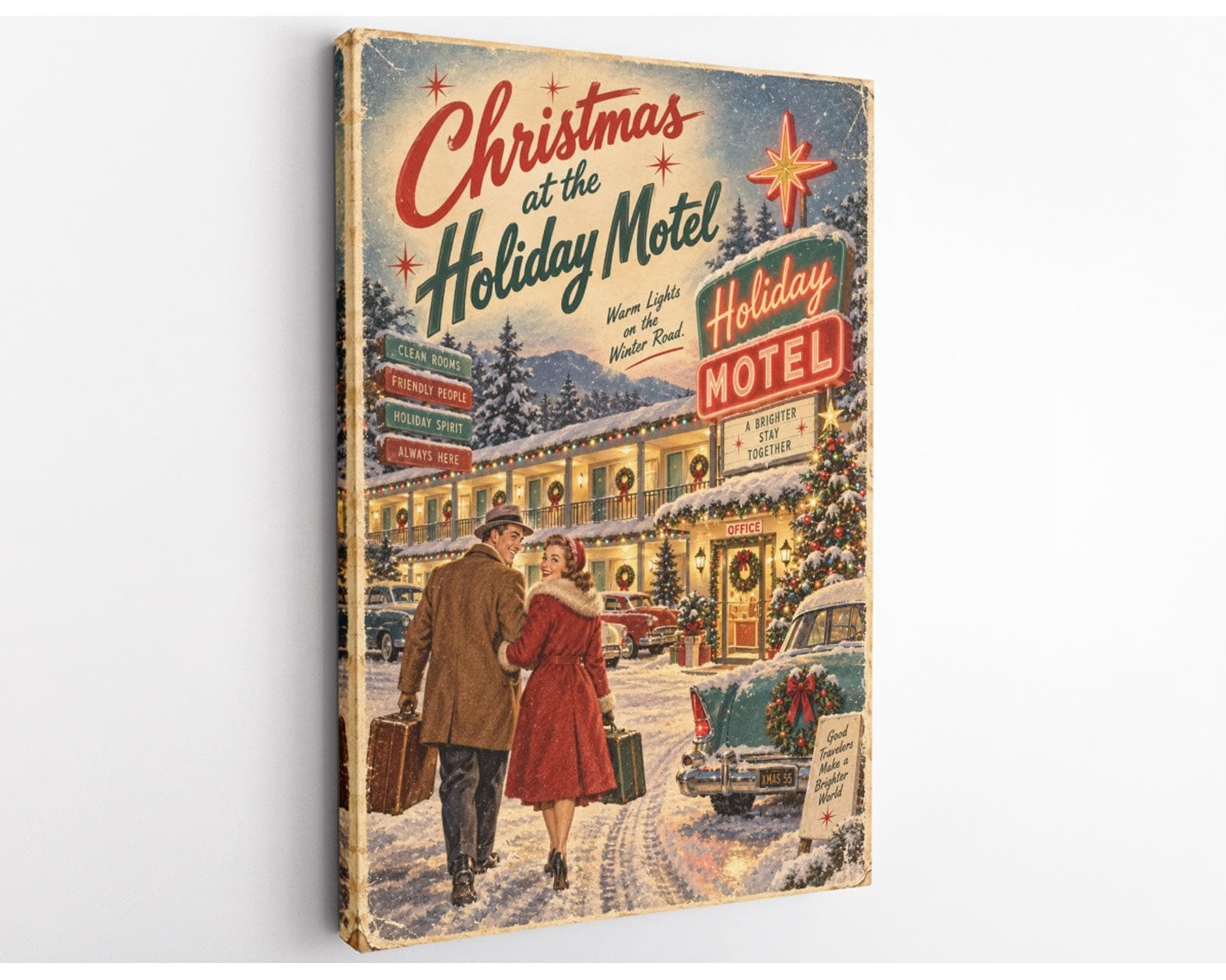 Vintage Christmas at the Holiday Motel Canvas Wall Art