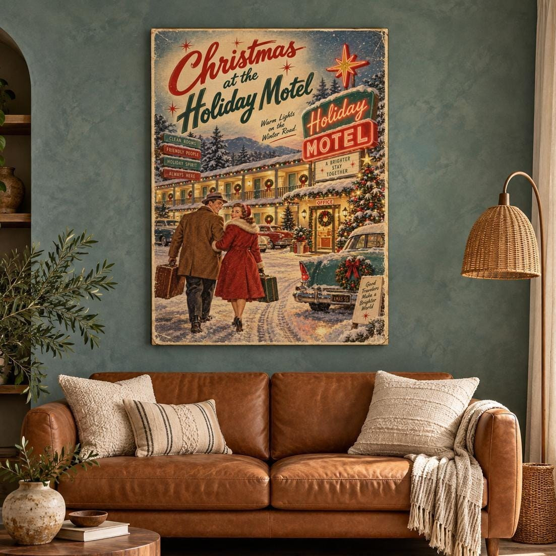Vintage Christmas at the Holiday Motel Canvas Wall Art