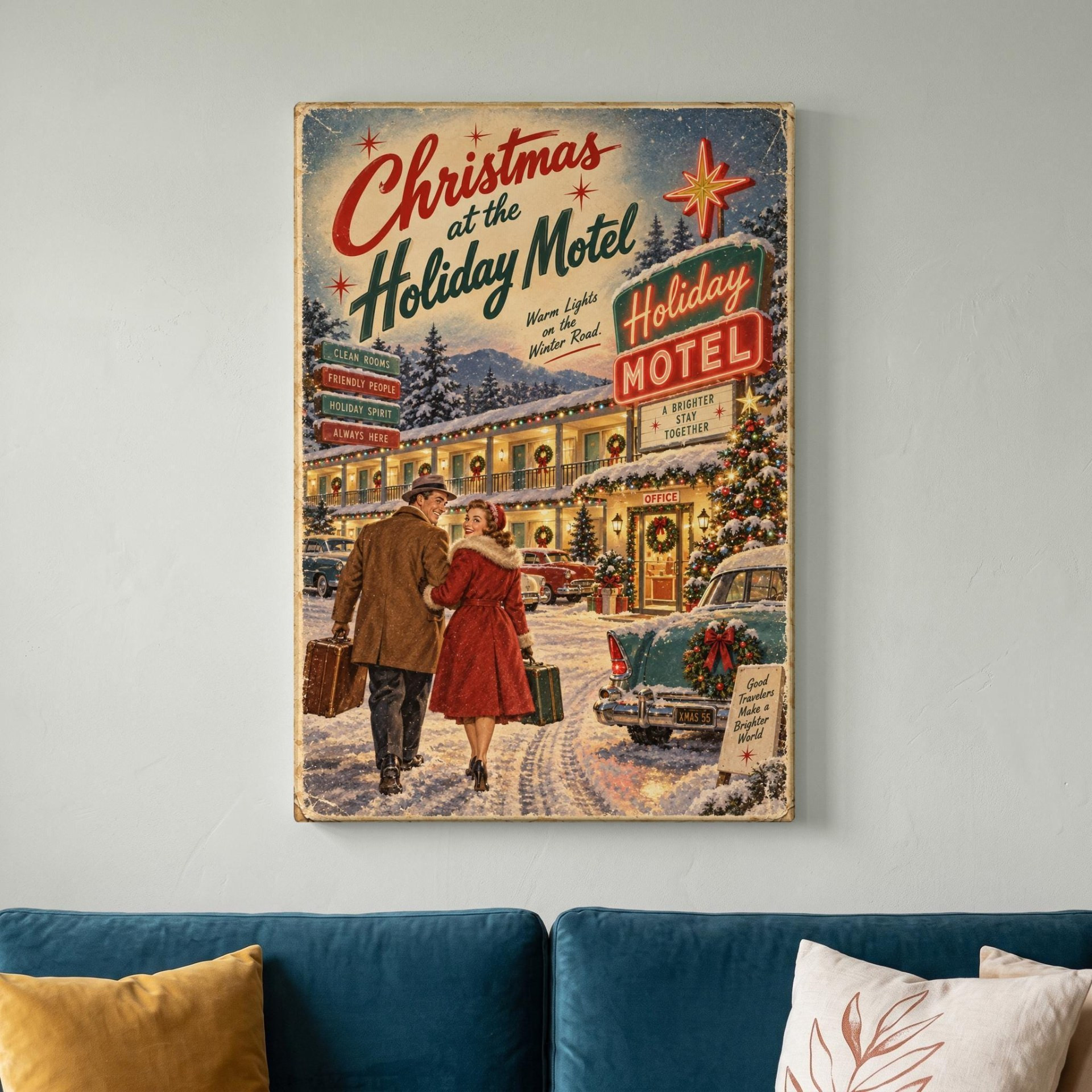Vintage Christmas at the Holiday Motel Canvas Wall Art