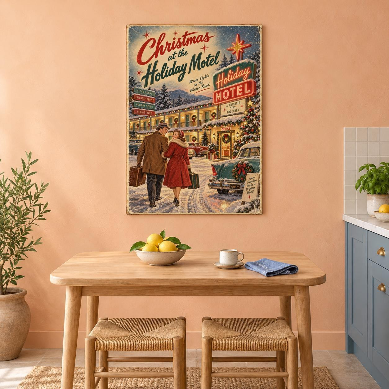 Vintage Christmas at the Holiday Motel Canvas Wall Art