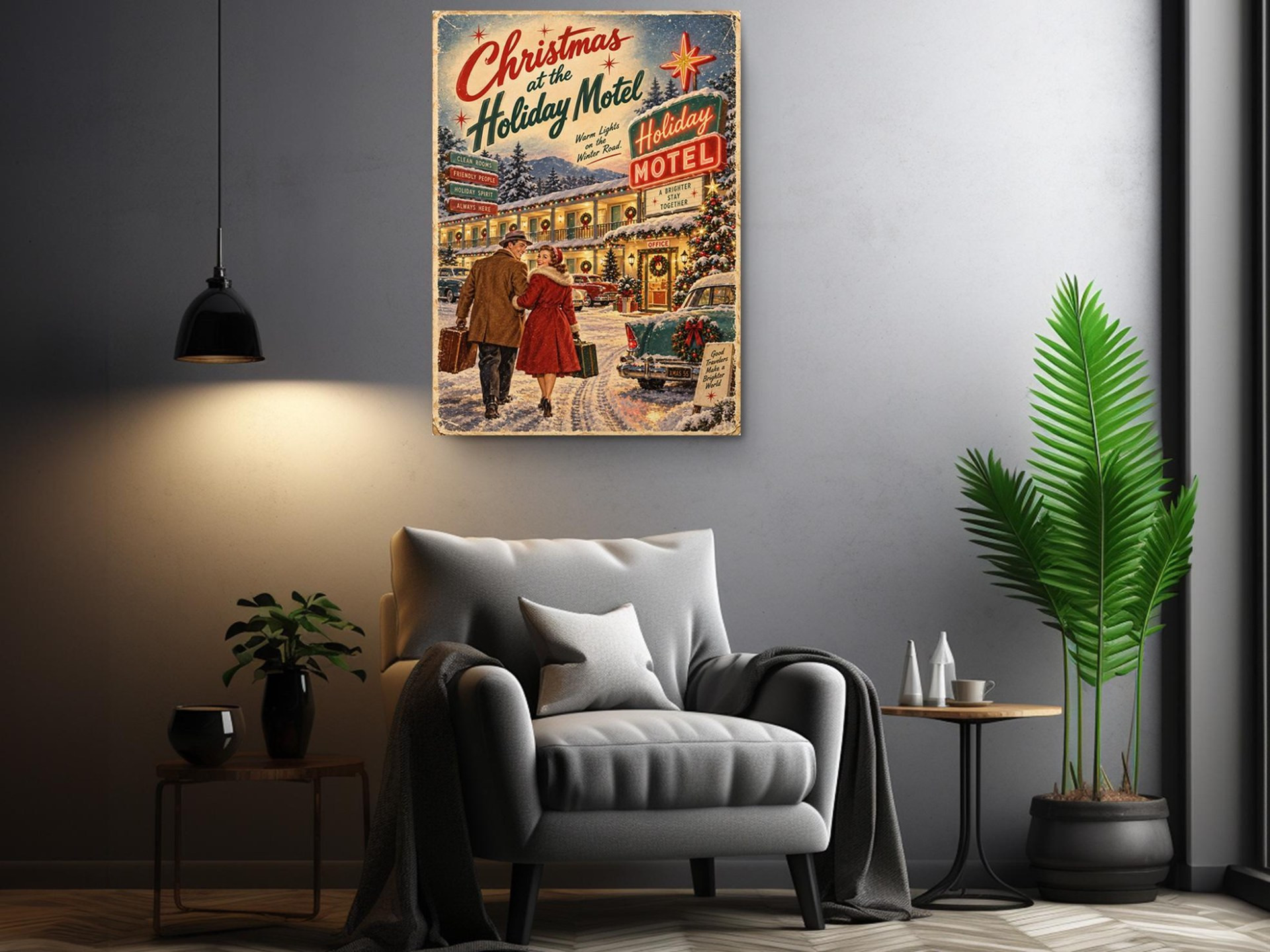 Vintage Christmas at the Holiday Motel Canvas Wall Art