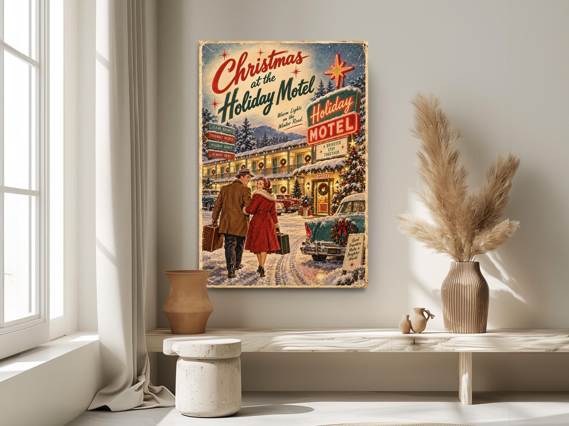 Vintage Christmas at the Holiday Motel Canvas Wall Art