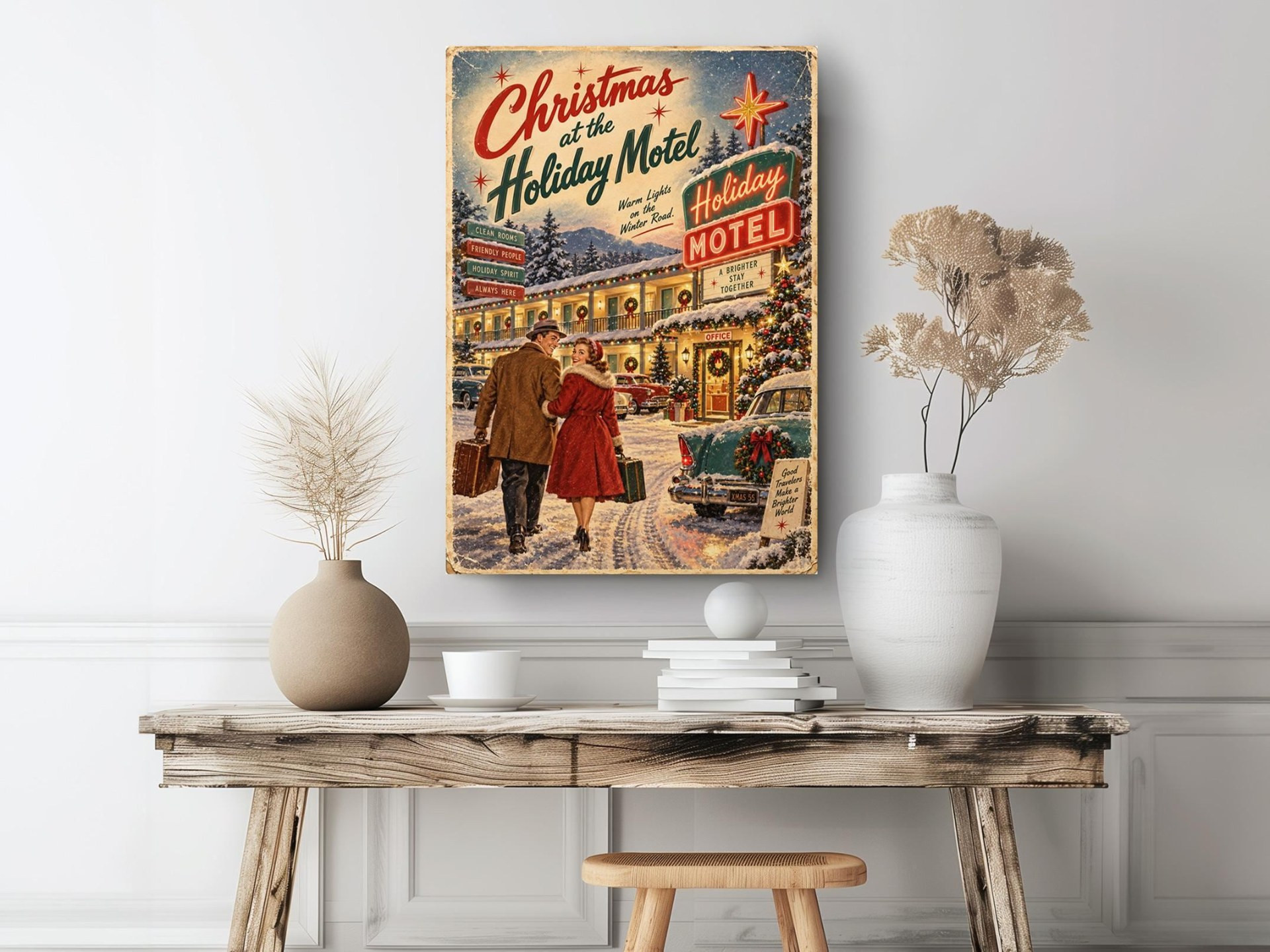 Vintage Christmas at the Holiday Motel Canvas Wall Art