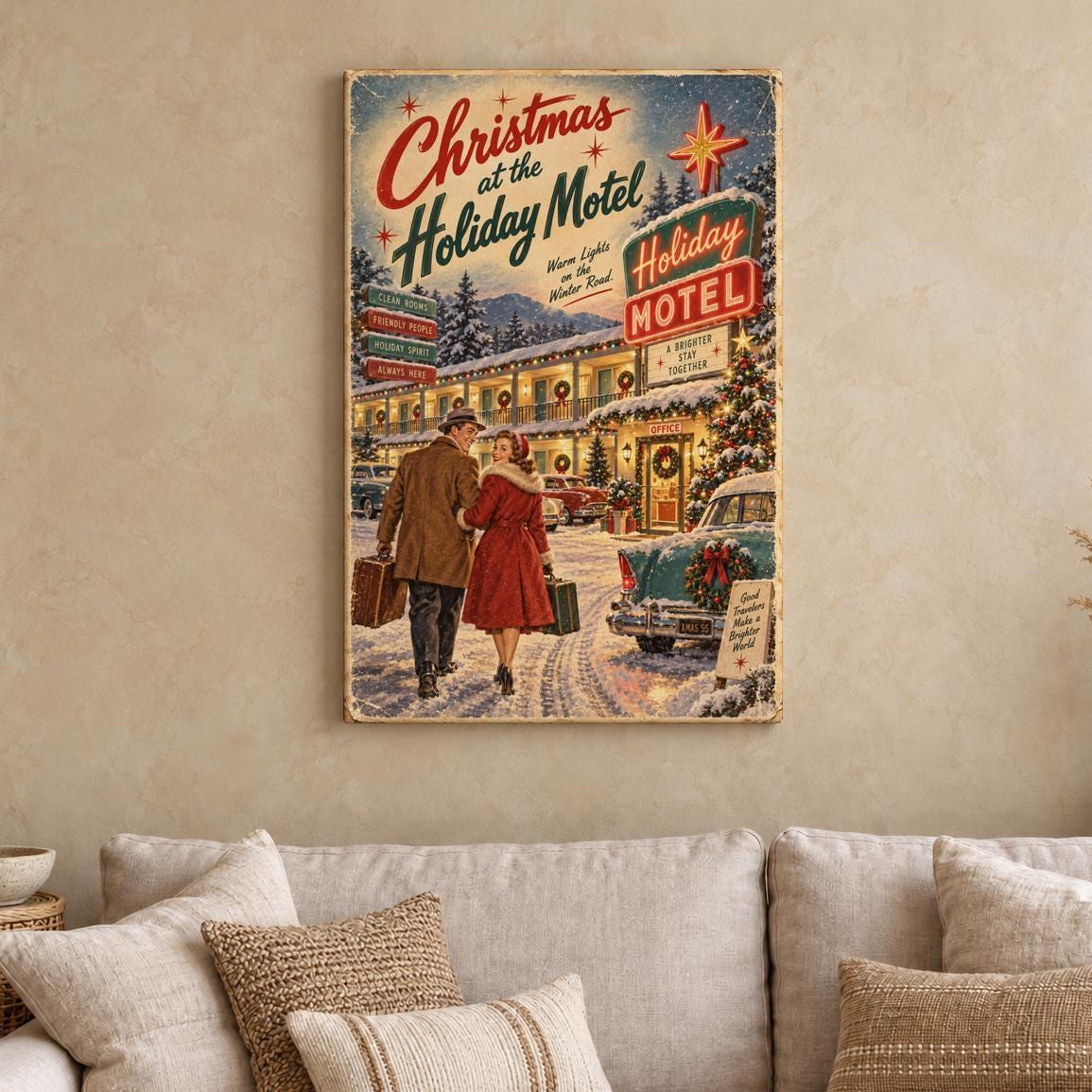 Vintage Christmas at the Holiday Motel Canvas Wall Art