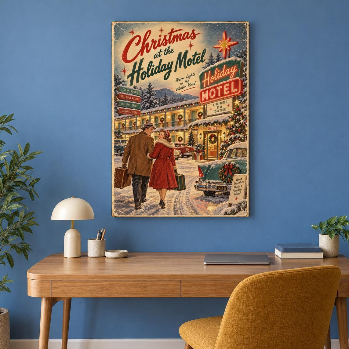 Vintage Christmas at the Holiday Motel Canvas Wall Art