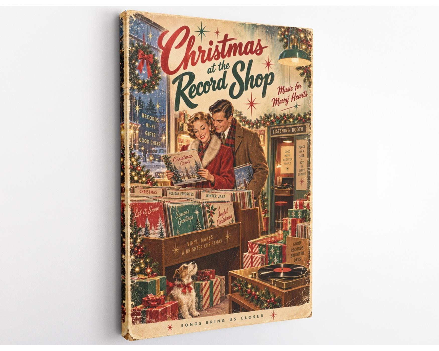Vintage Christmas Record Shop Canvas Wall Art