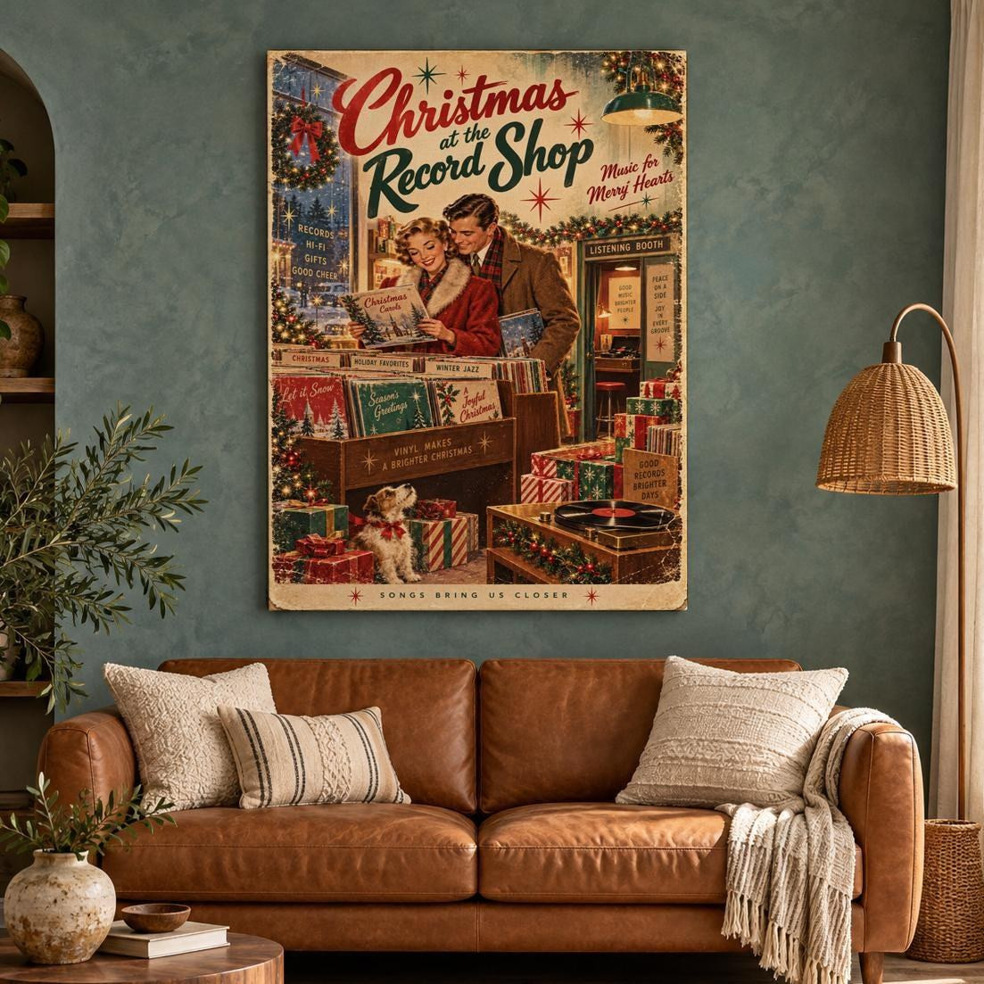 Vintage Christmas Record Shop Canvas Wall Art