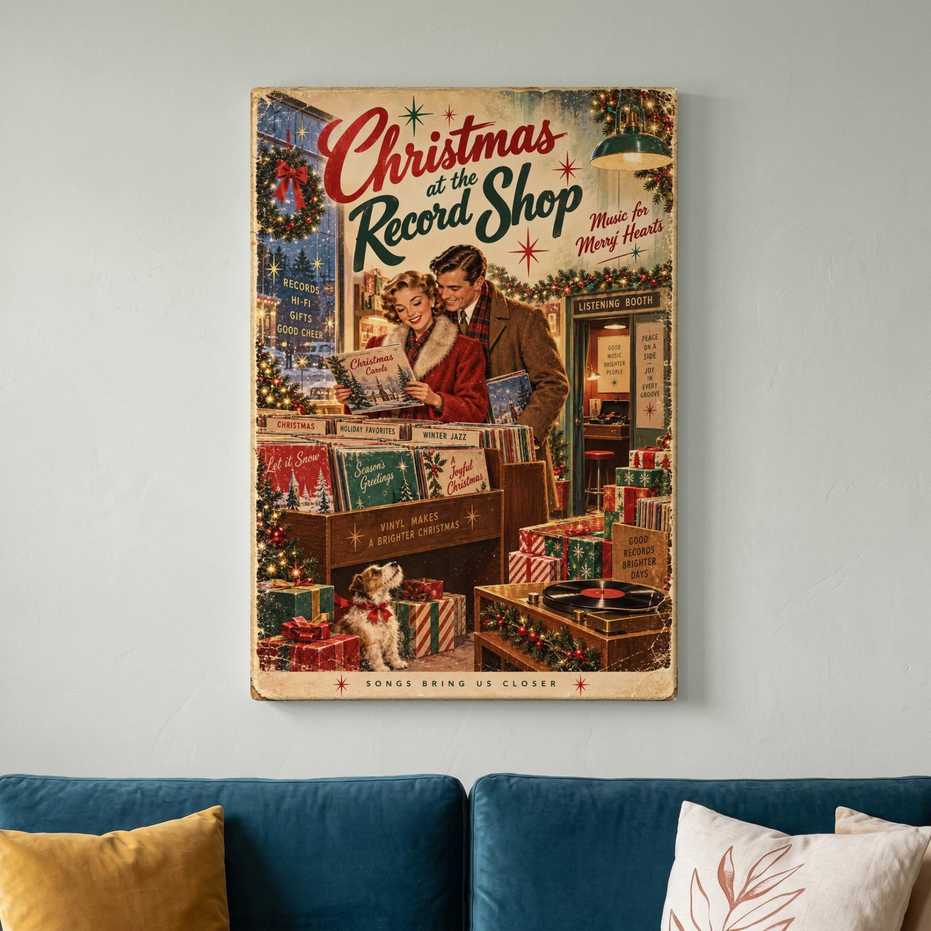 Vintage Christmas Record Shop Canvas Wall Art