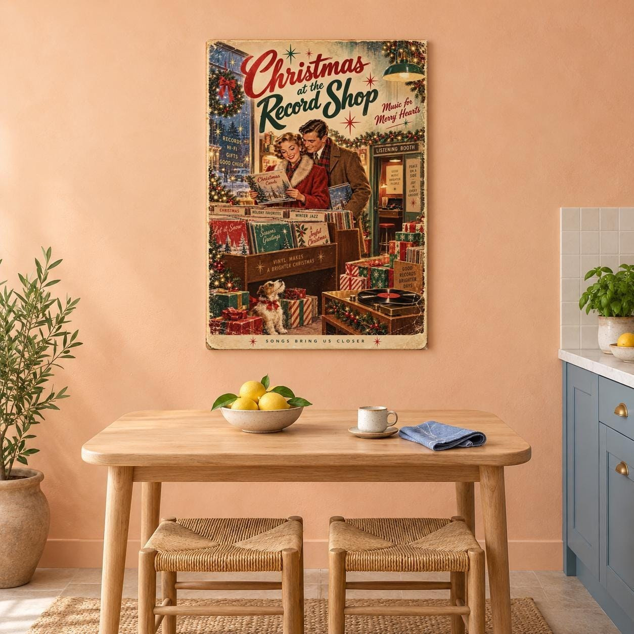 Vintage Christmas Record Shop Canvas Wall Art