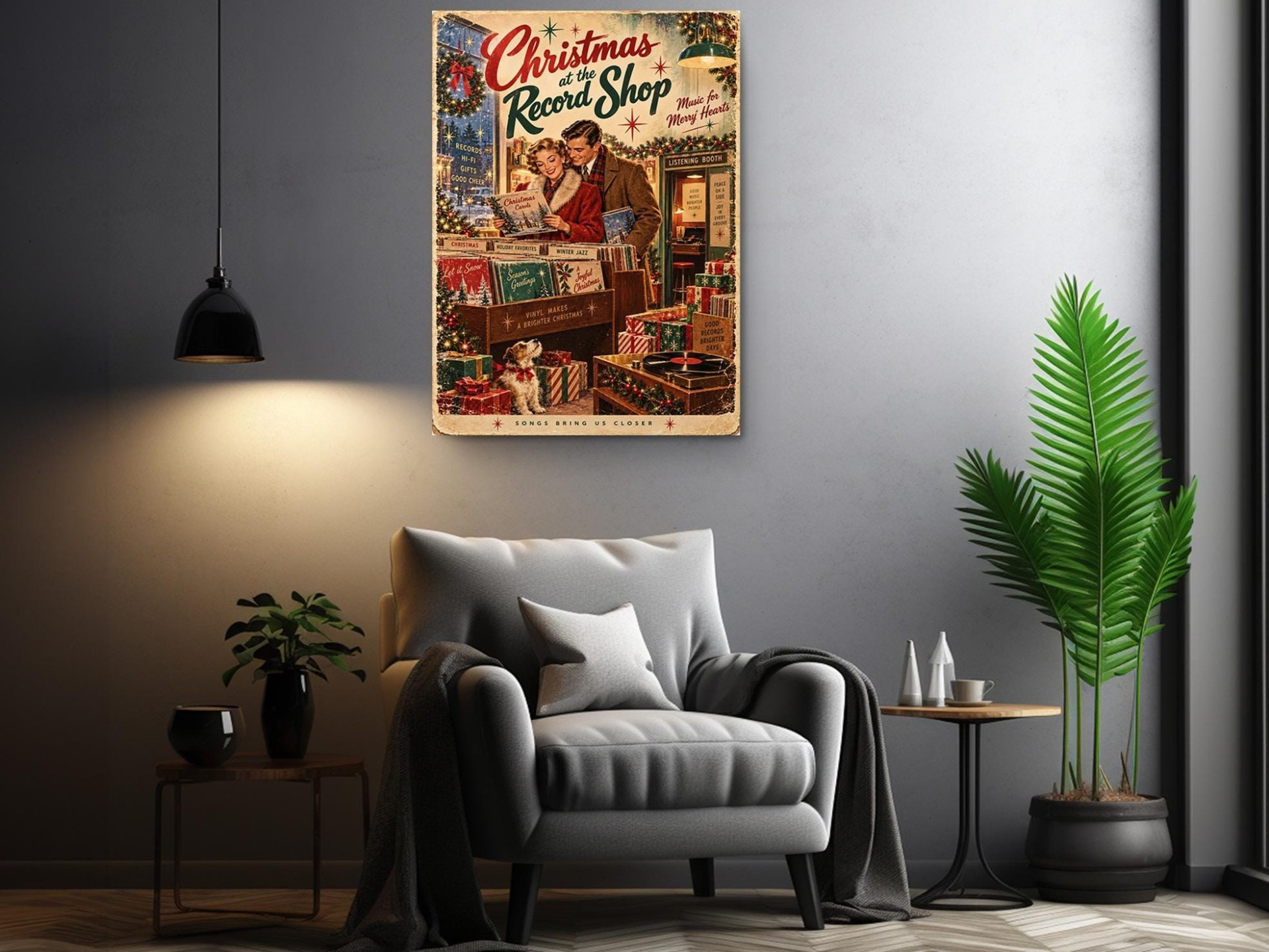 Vintage Christmas Record Shop Canvas Wall Art