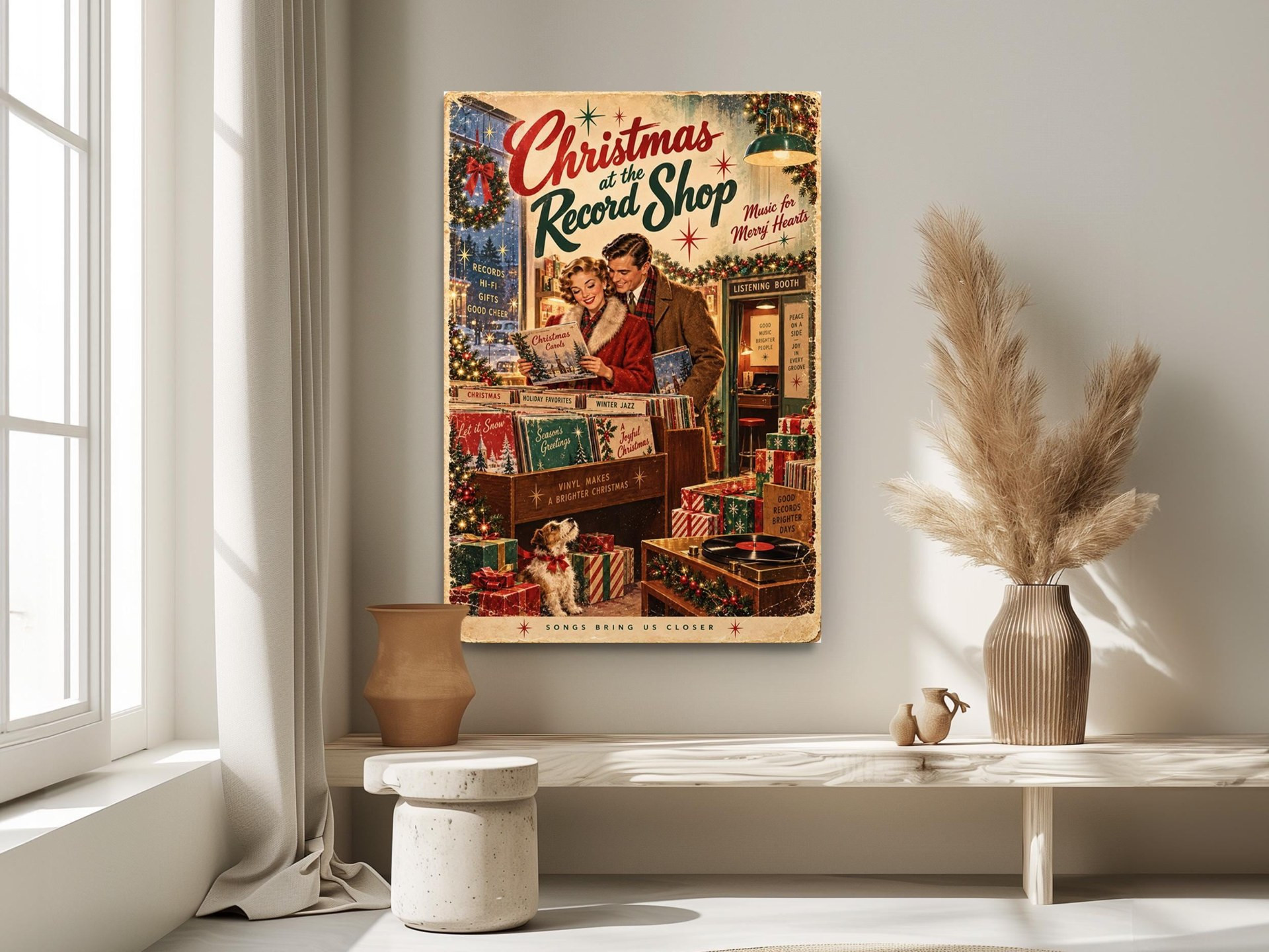 Vintage Christmas Record Shop Canvas Wall Art