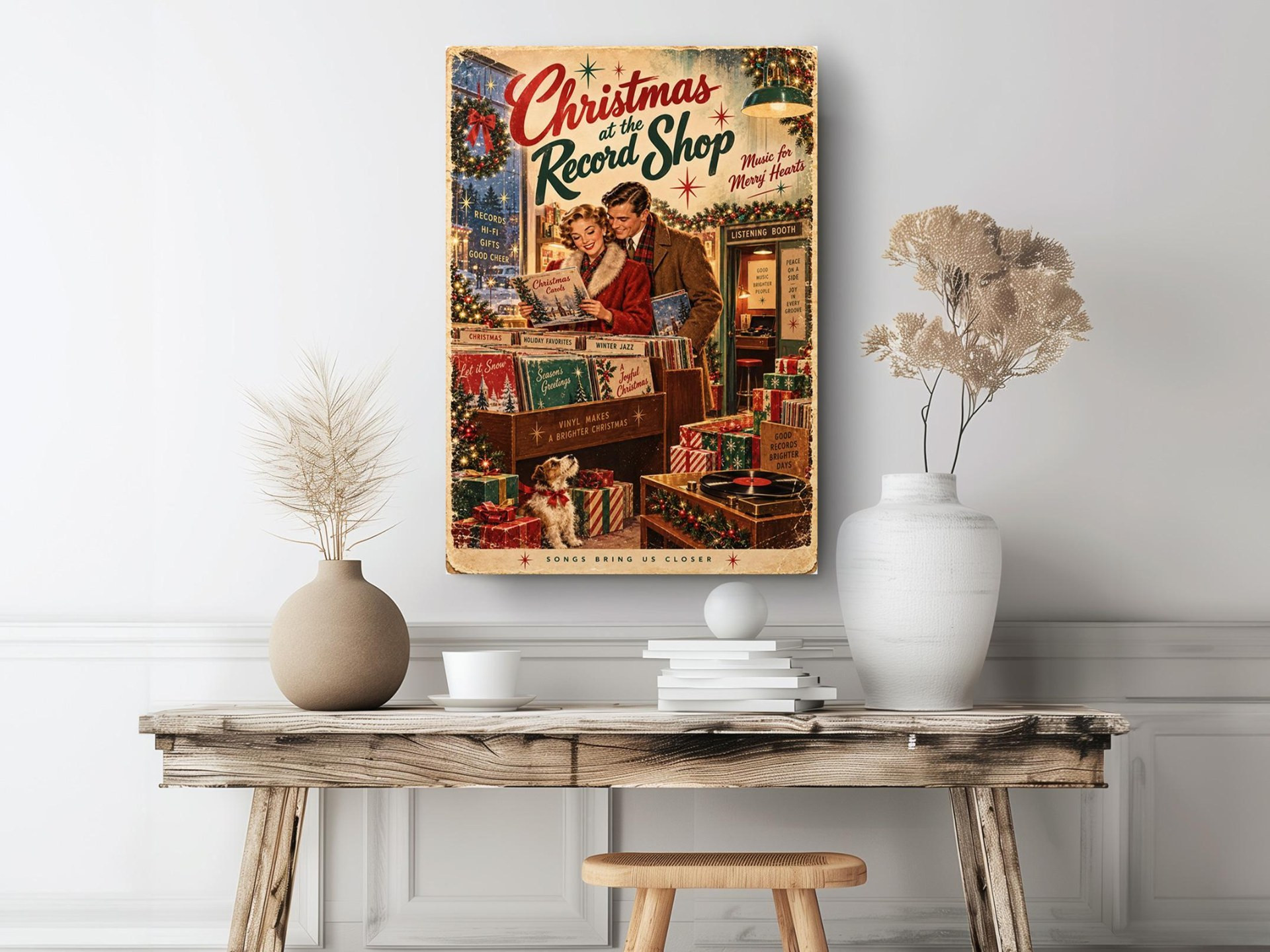 Vintage Christmas Record Shop Canvas Wall Art