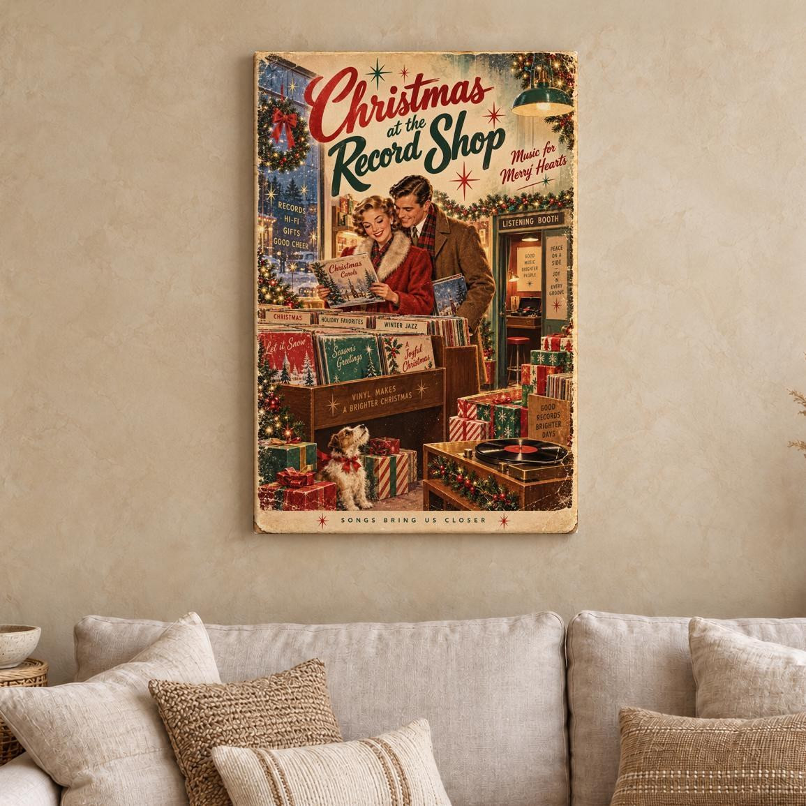 Vintage Christmas Record Shop Canvas Wall Art