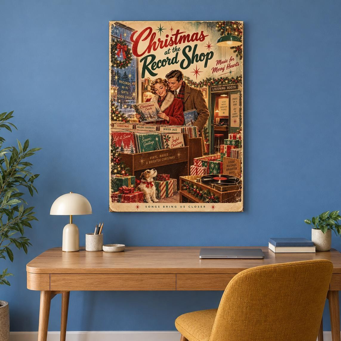 Vintage Christmas Record Shop Canvas Wall Art