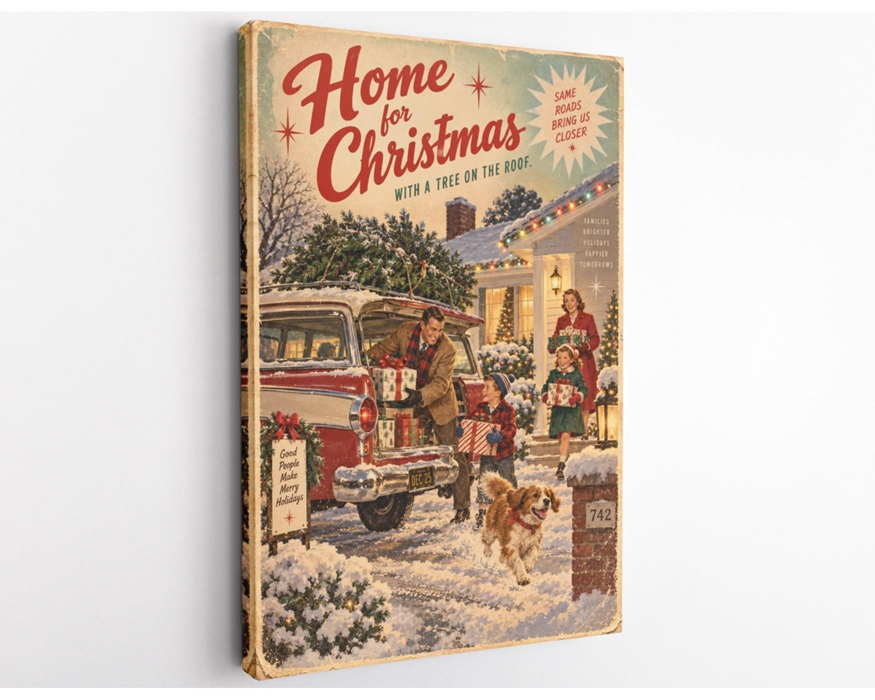 Vintage Family Home for Christmas Canvas Wall Art
