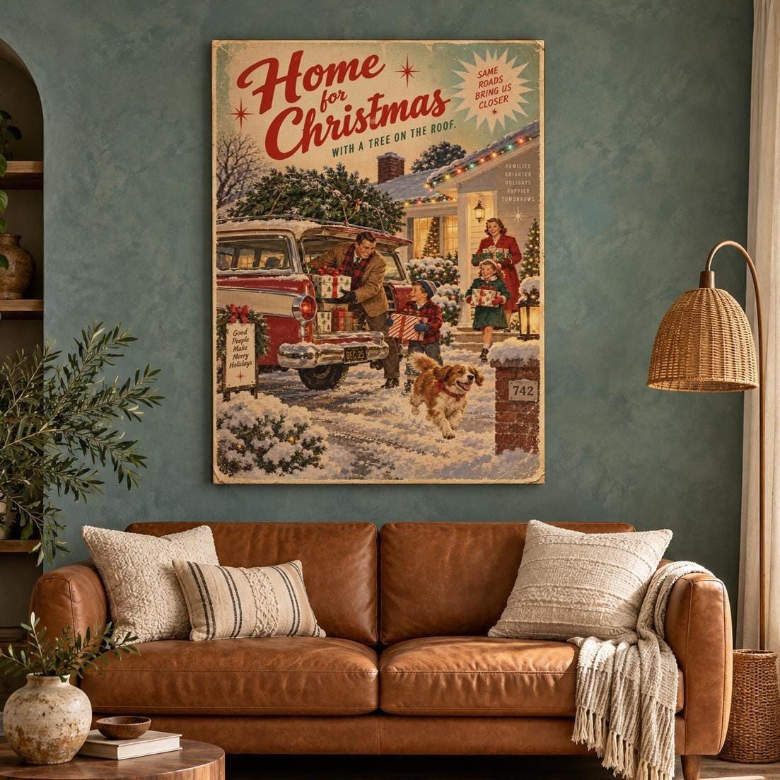 Vintage Family Home for Christmas Canvas Wall Art