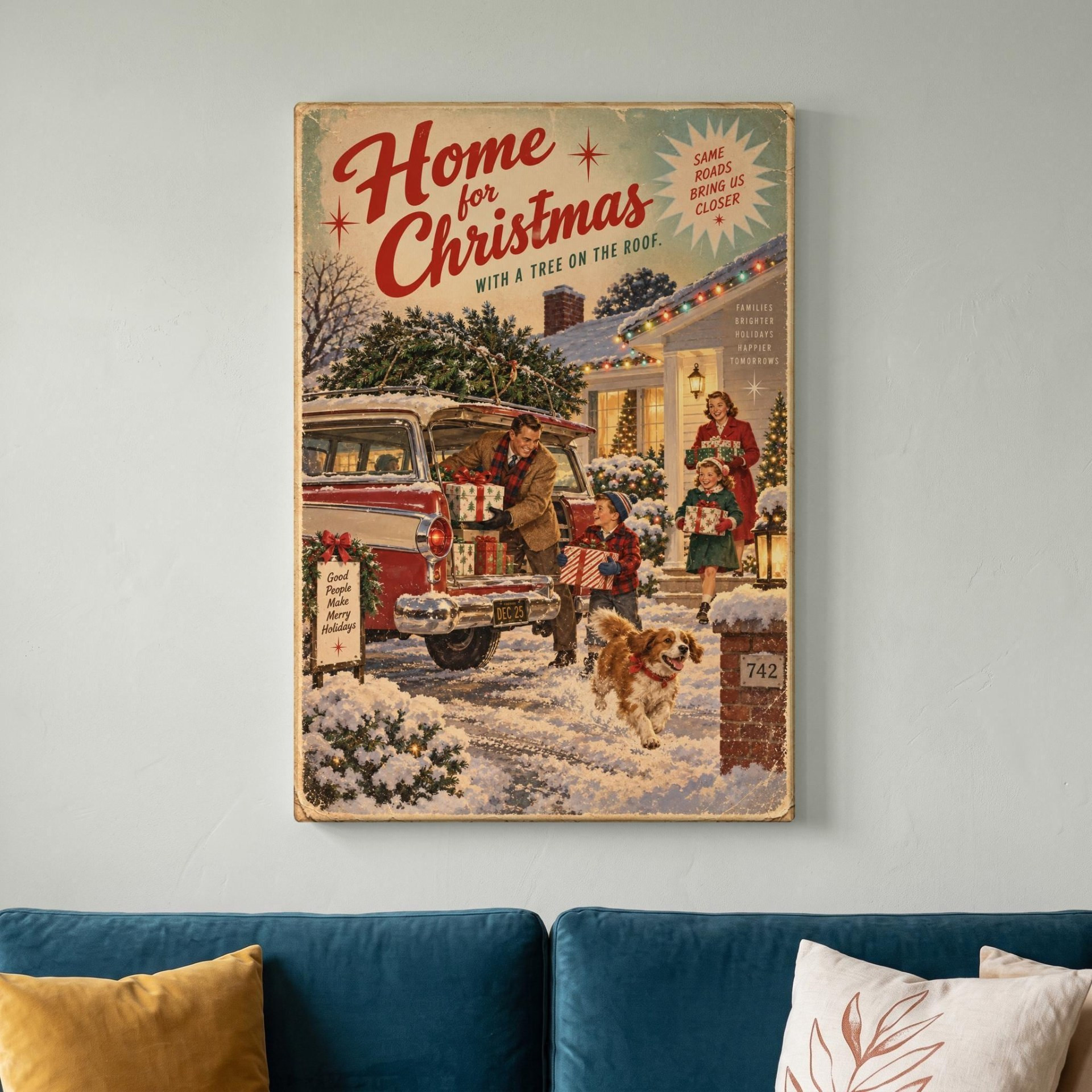 Vintage Family Home for Christmas Canvas Wall Art
