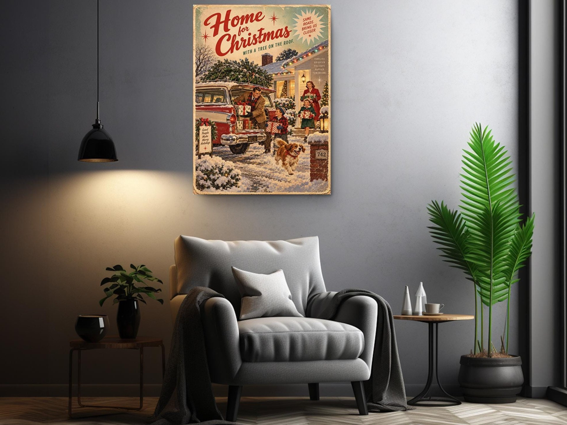Vintage Family Home for Christmas Canvas Wall Art