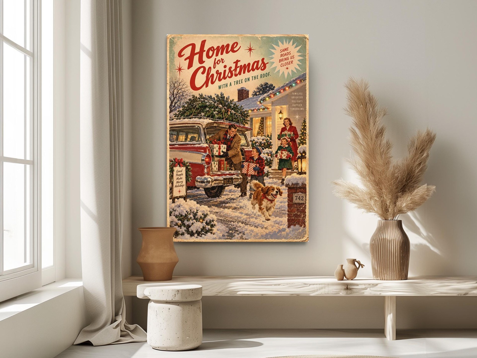 Vintage Family Home for Christmas Canvas Wall Art