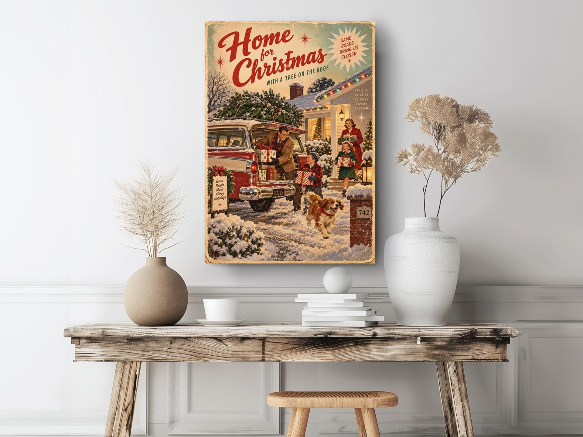 Vintage Family Home for Christmas Canvas Wall Art
