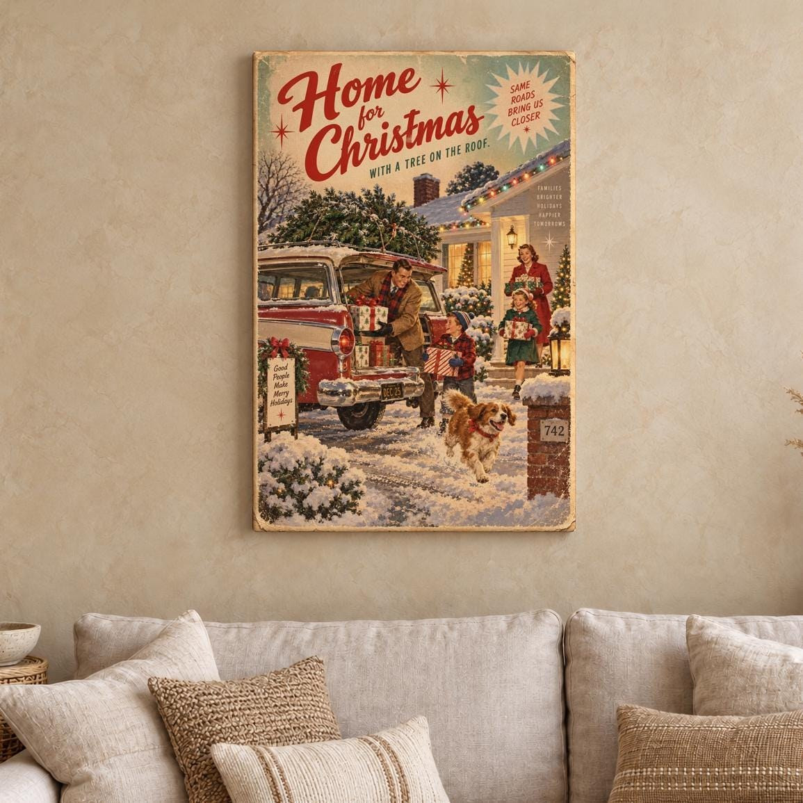 Vintage Family Home for Christmas Canvas Wall Art