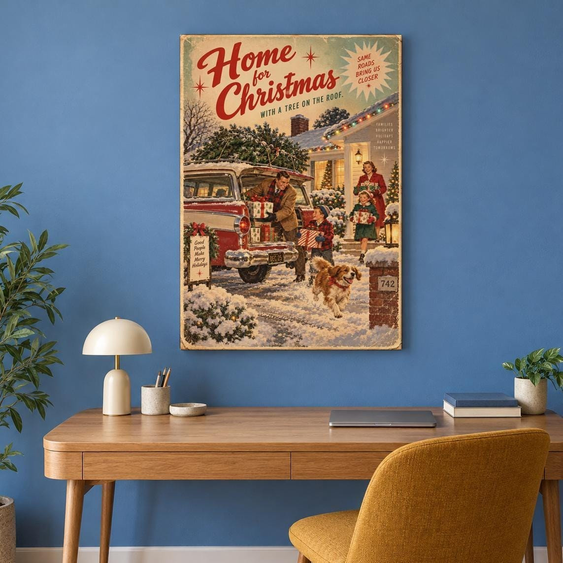 Vintage Family Home for Christmas Canvas Wall Art