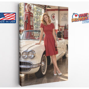 Vintage Polka Dot Dress Classic Car Canvas Wall Art