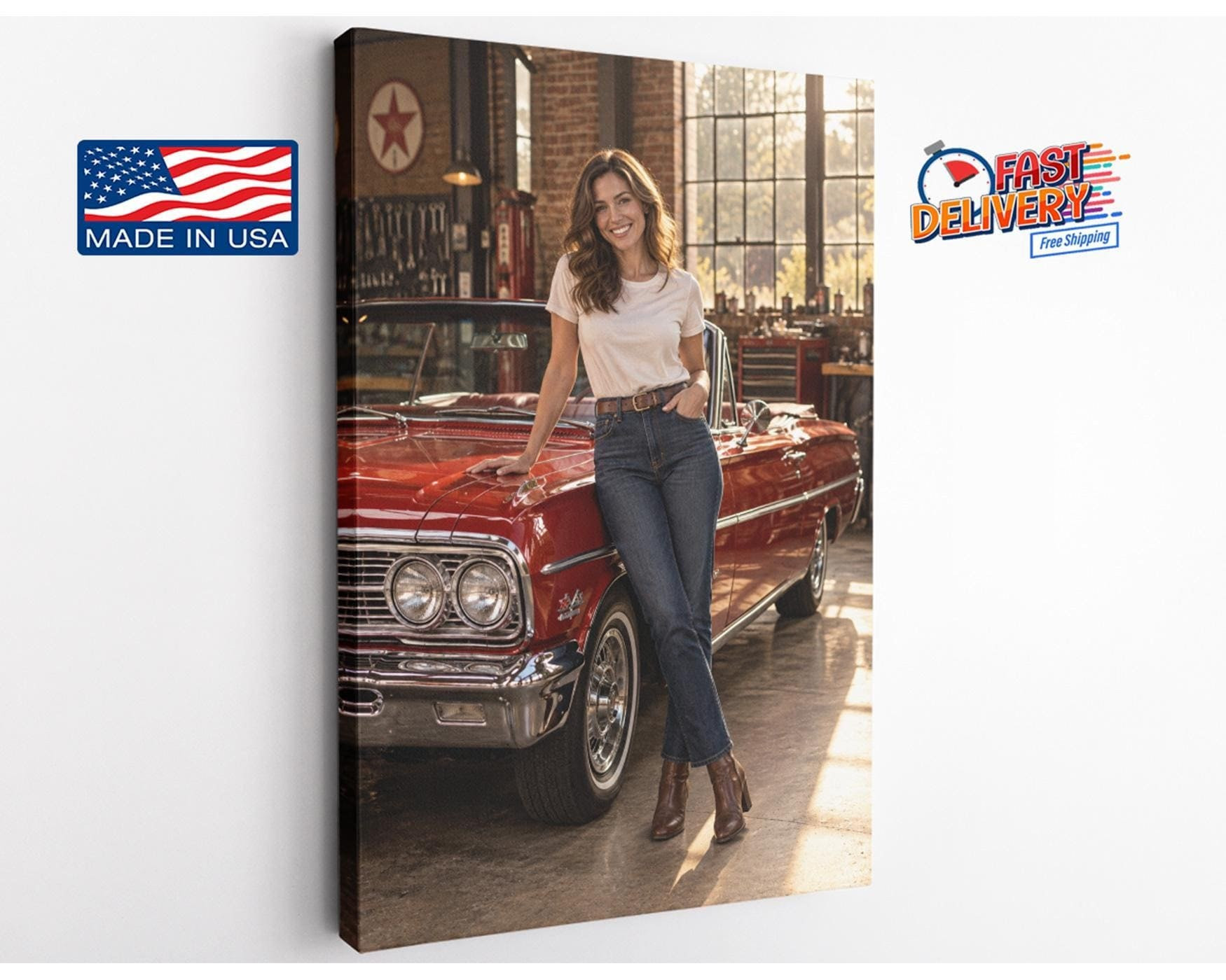 Vintage Red Convertible Garage Canvas Wall Art