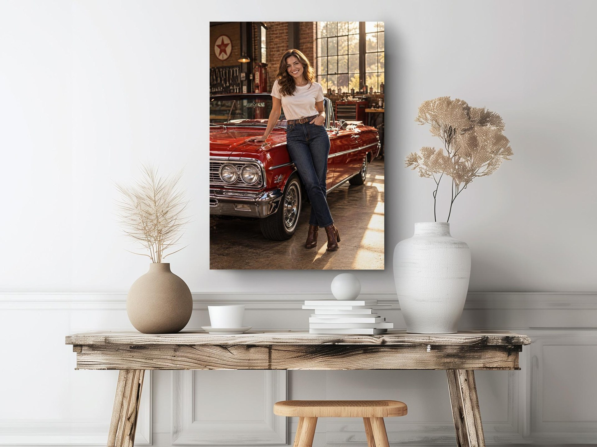 Vintage Red Convertible Garage Canvas Wall Art
