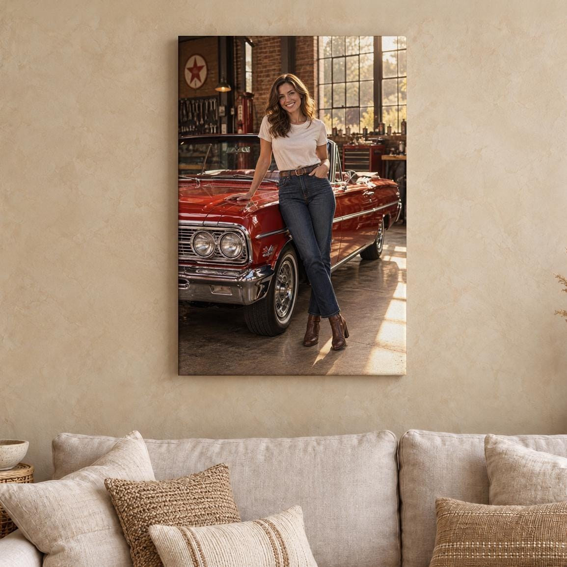 Vintage Red Convertible Garage Canvas Wall Art