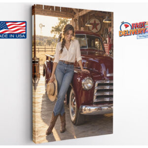 Vintage Red Truck and Cowgirl Canvas Wall Art
