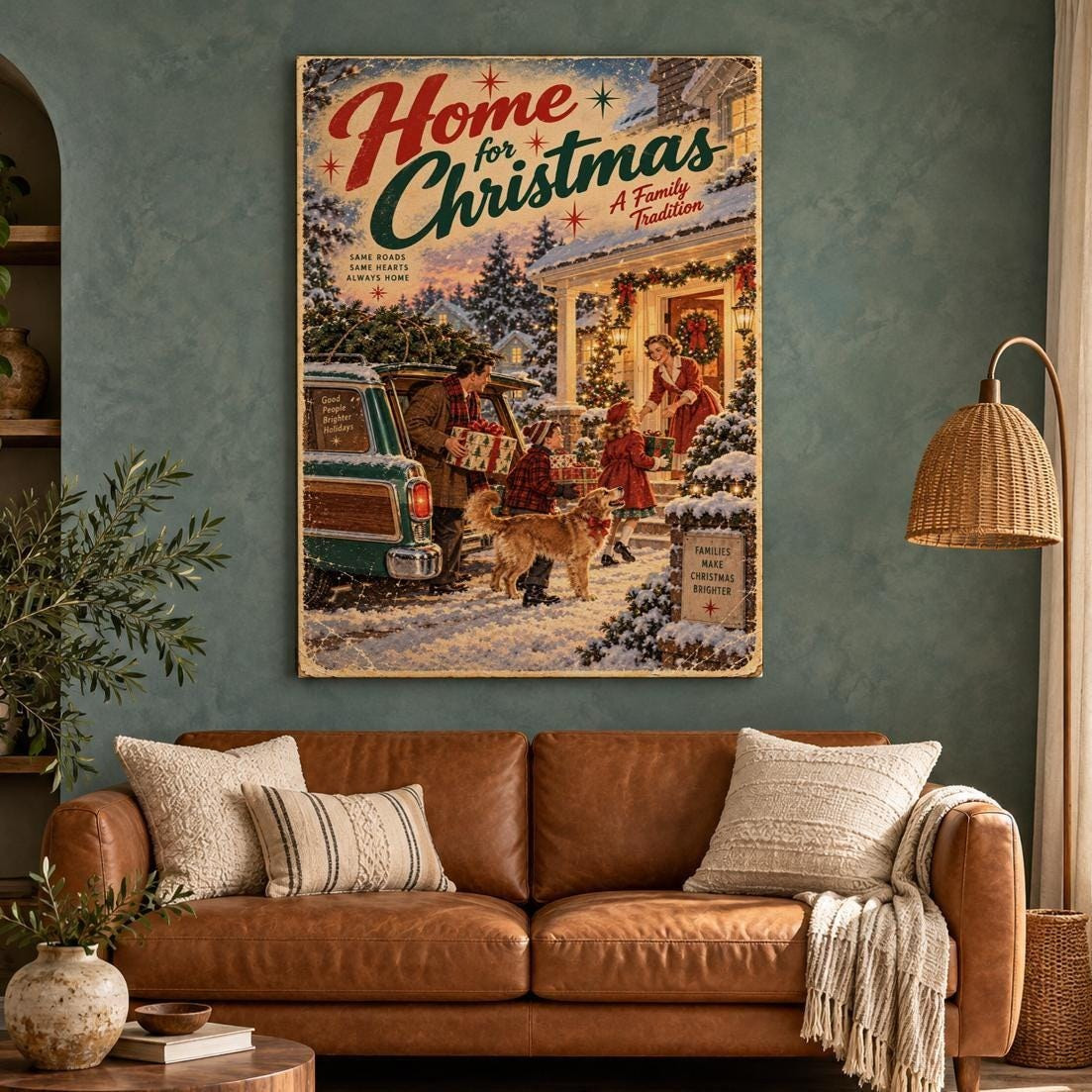 Vintage Station Wagon Home for Christmas Canvas Wall Art