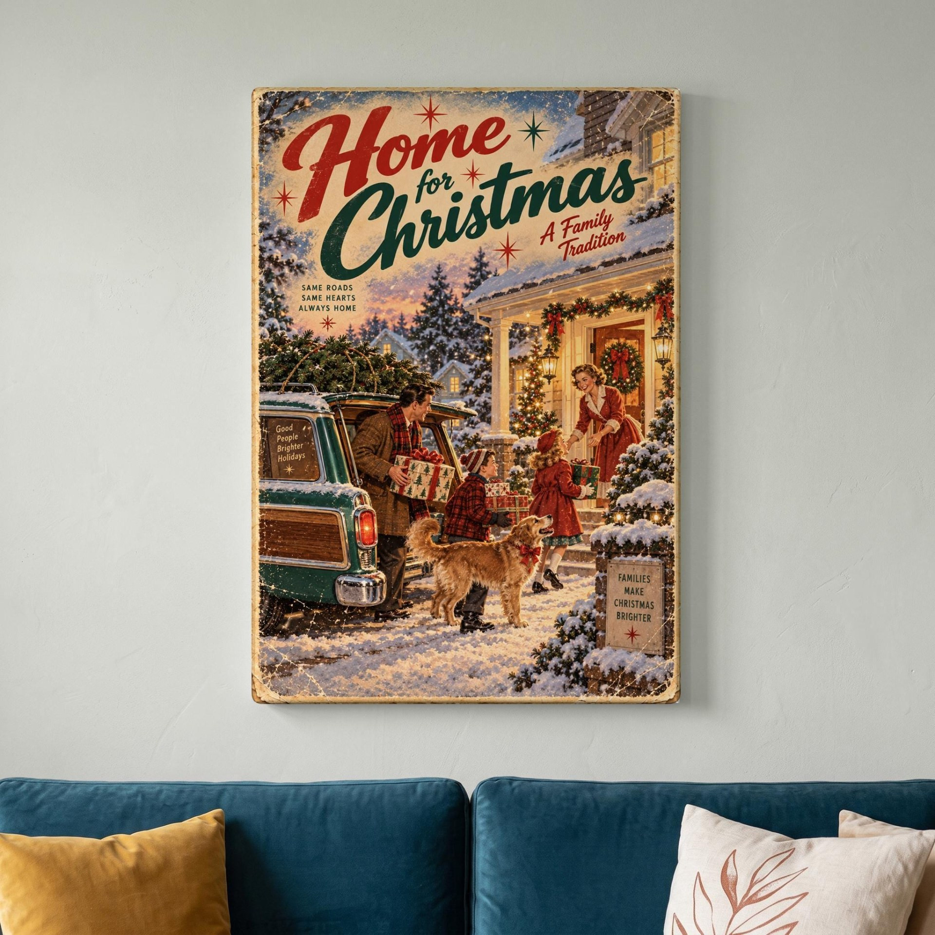 Vintage Station Wagon Home for Christmas Canvas Wall Art