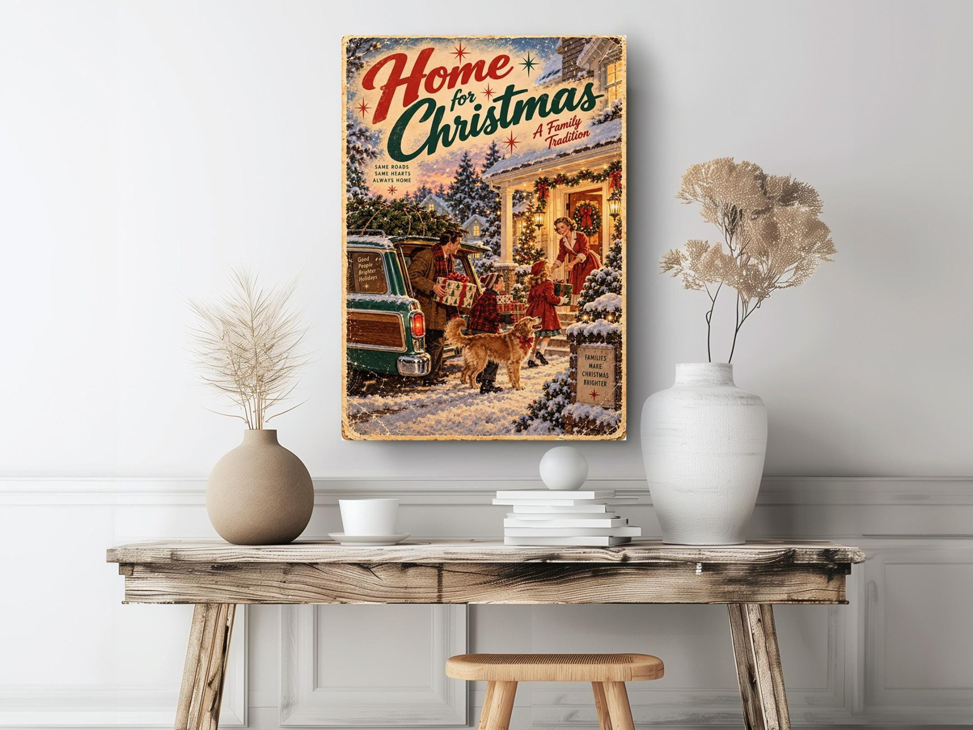 Vintage Station Wagon Home for Christmas Canvas Wall Art