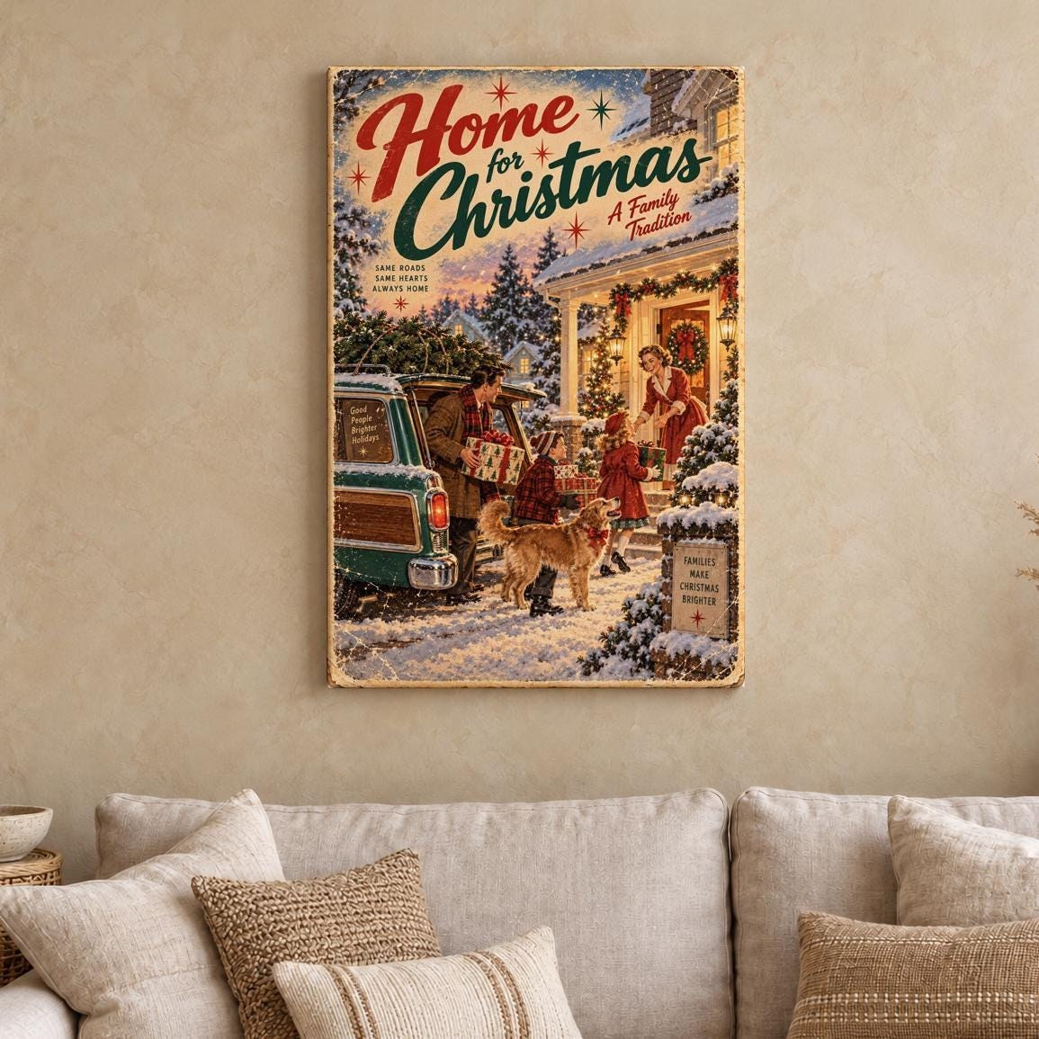 Vintage Station Wagon Home for Christmas Canvas Wall Art