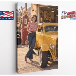 Vintage Woman with Yellow Classic Car Canvas Wall Art