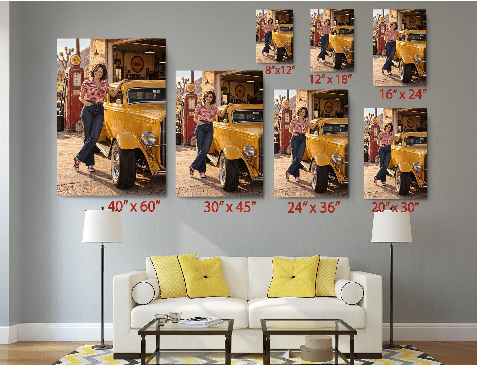 Vintage Woman with Yellow Classic Car Canvas Wall Art