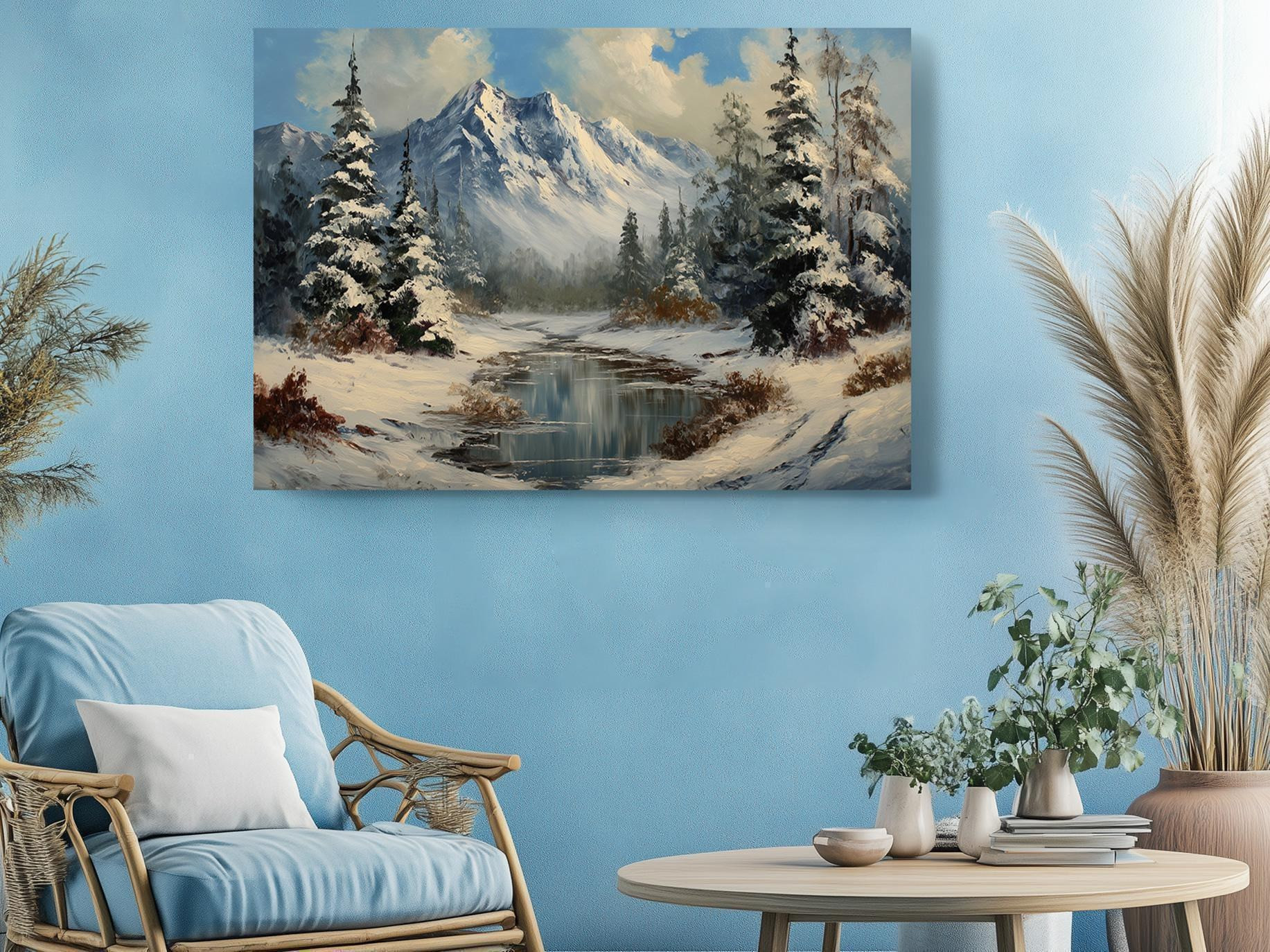 Winter Mountain River Canvas Wall Art