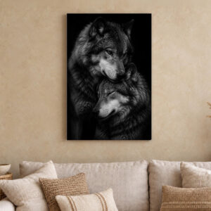 Wolf and Cub Black and White Canvas Wall Art