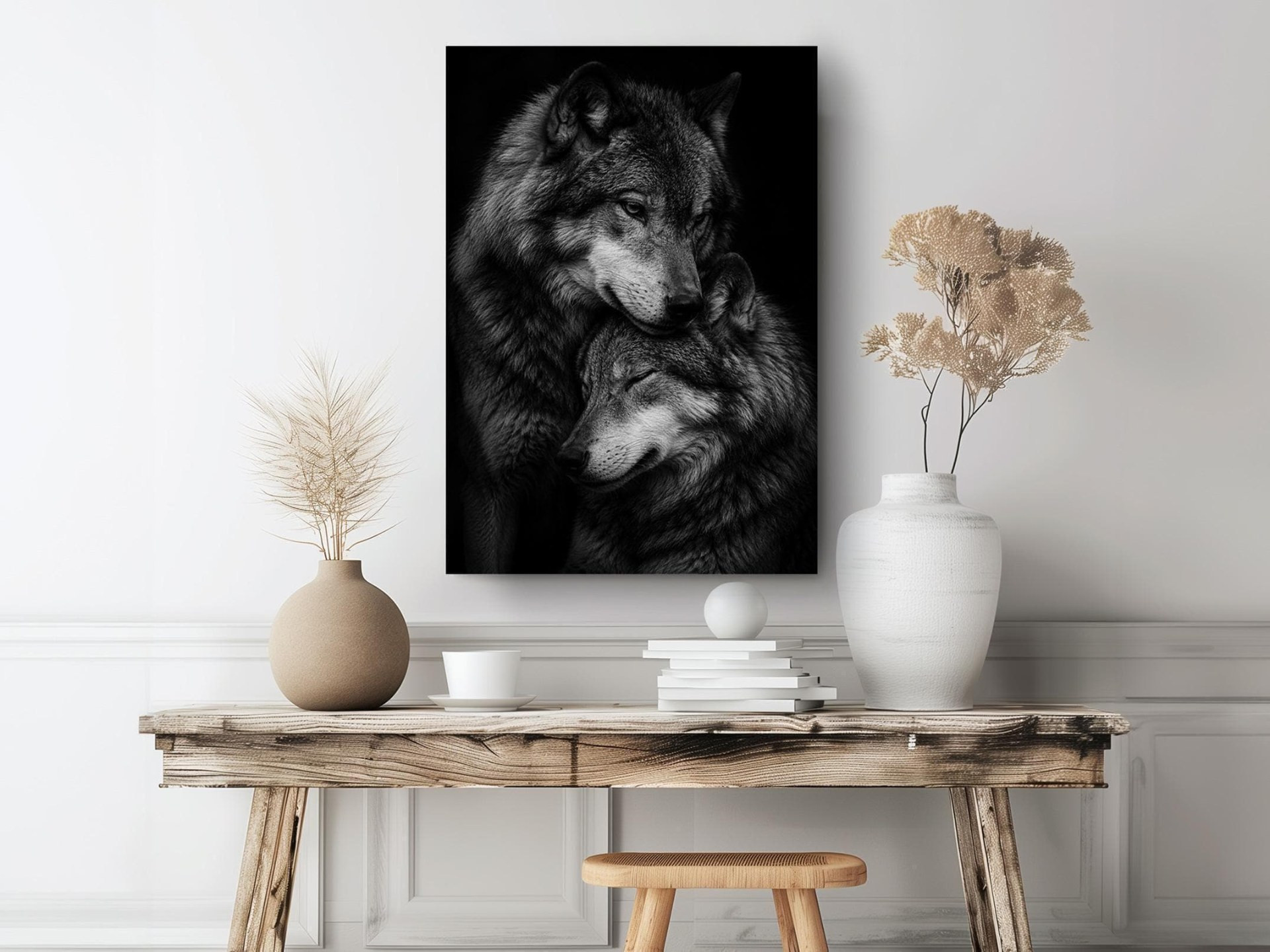 Wolf and Cub Black and White Canvas Wall Art