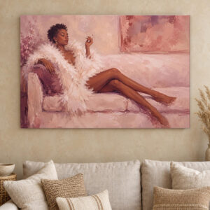 Woman in Feather Robe Pink Canvas Wall Art